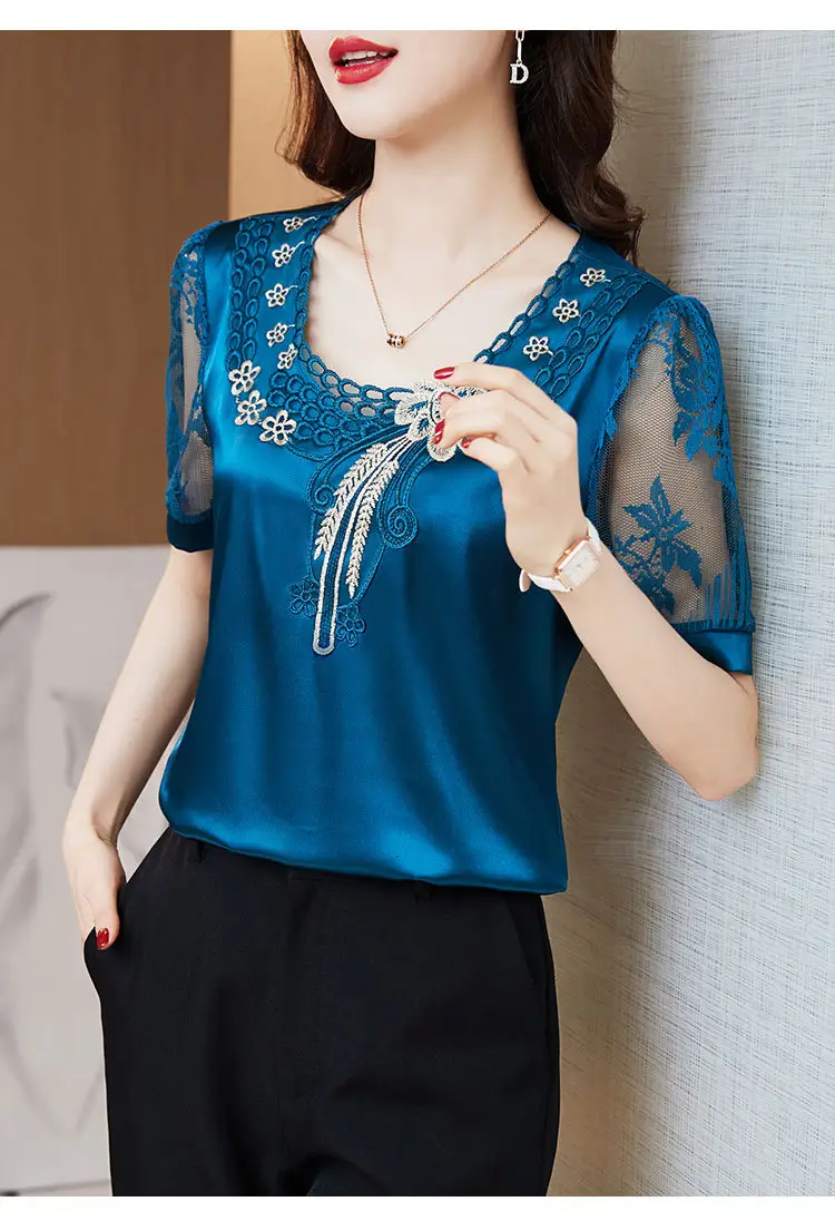 Women's White Satin Lace Short Sleeve Shirt 2025 — feature 21