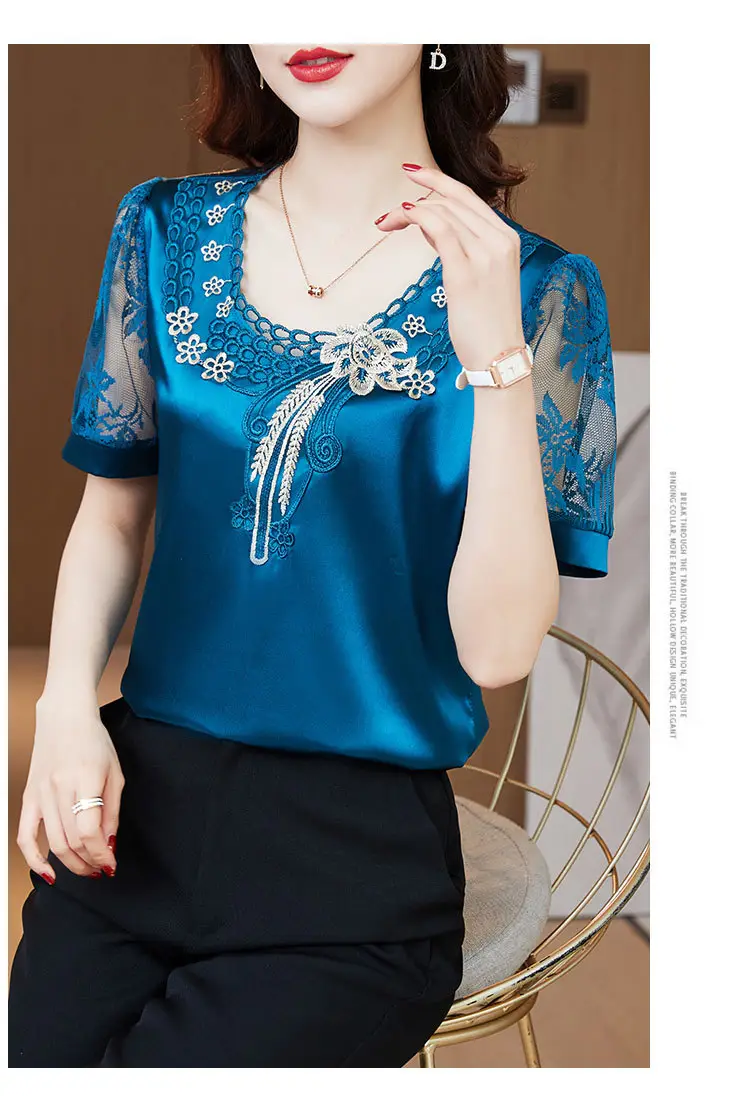 Women's White Satin Lace Short Sleeve Shirt 2025 — feature 22
