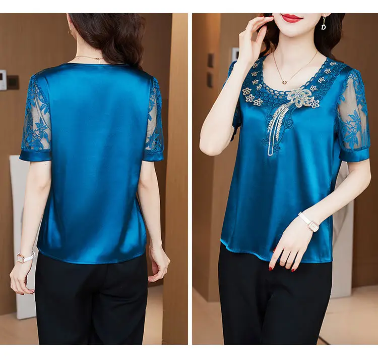 Women's White Satin Lace Short Sleeve Shirt 2025 — feature 23