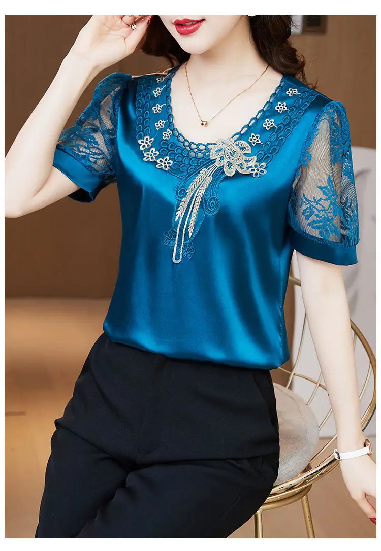 Women's White Satin Lace Short Sleeve Shirt 2025 — feature 24