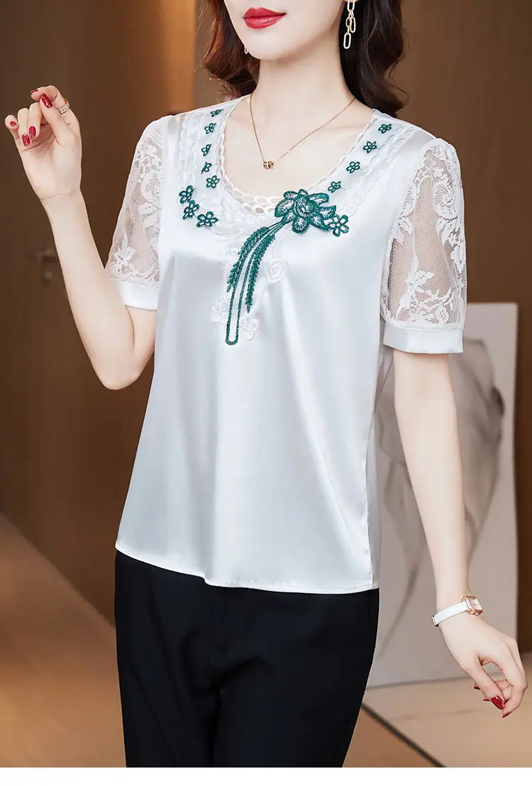 Women's White Satin Lace Short Sleeve Shirt 2025 — feature 9