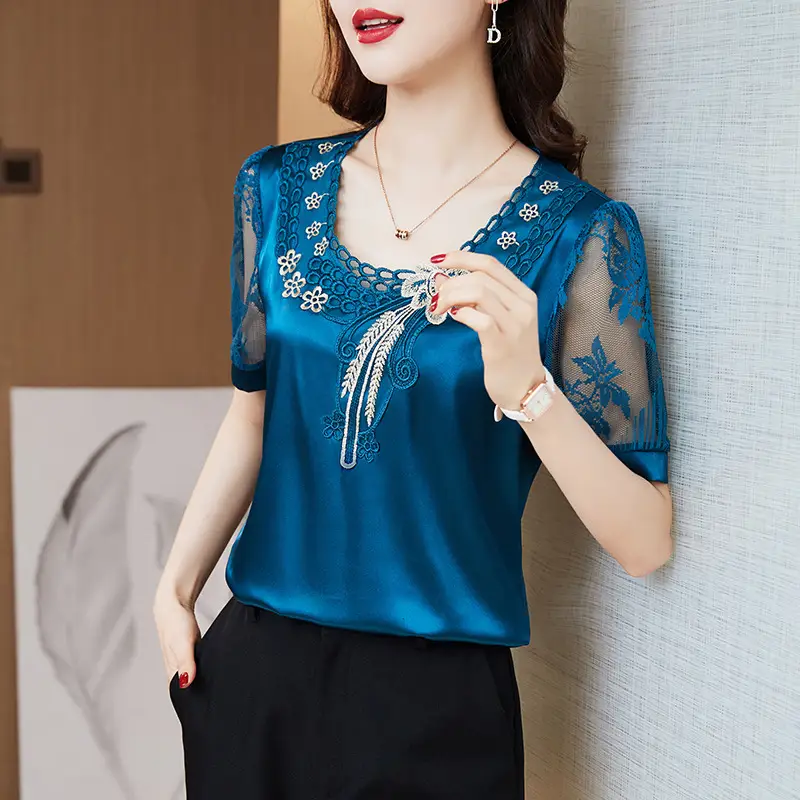Women's White Satin Lace Short Sleeve Shirt 2025