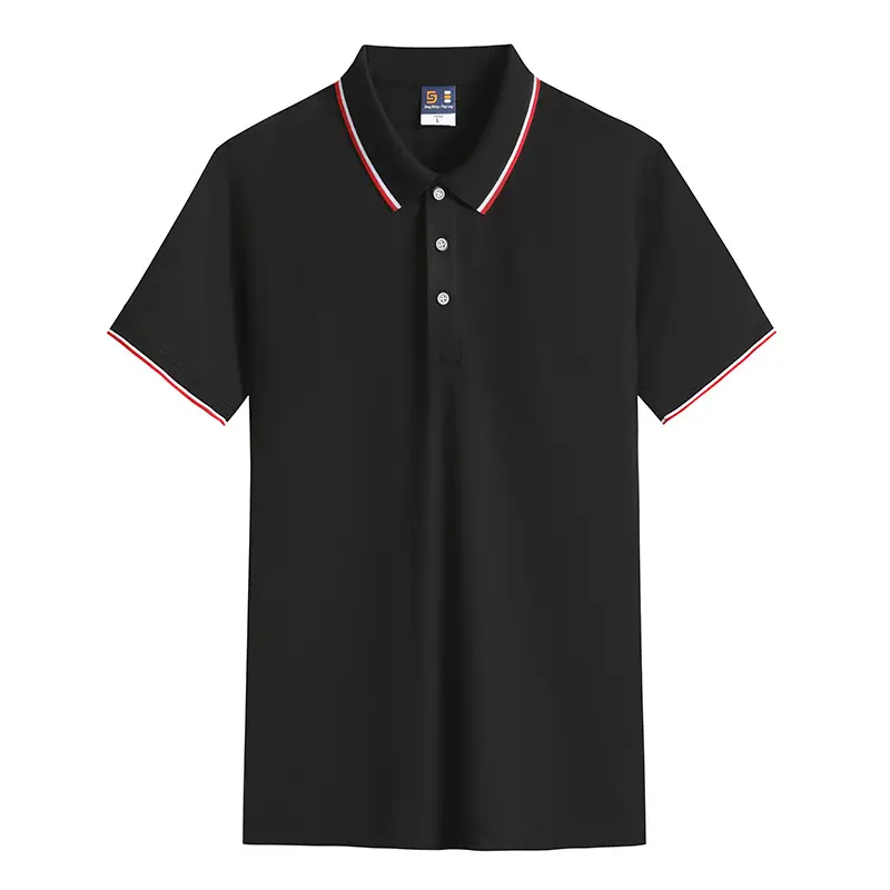 Men Black Polo Shirt with Red Blue Trim - Image 3