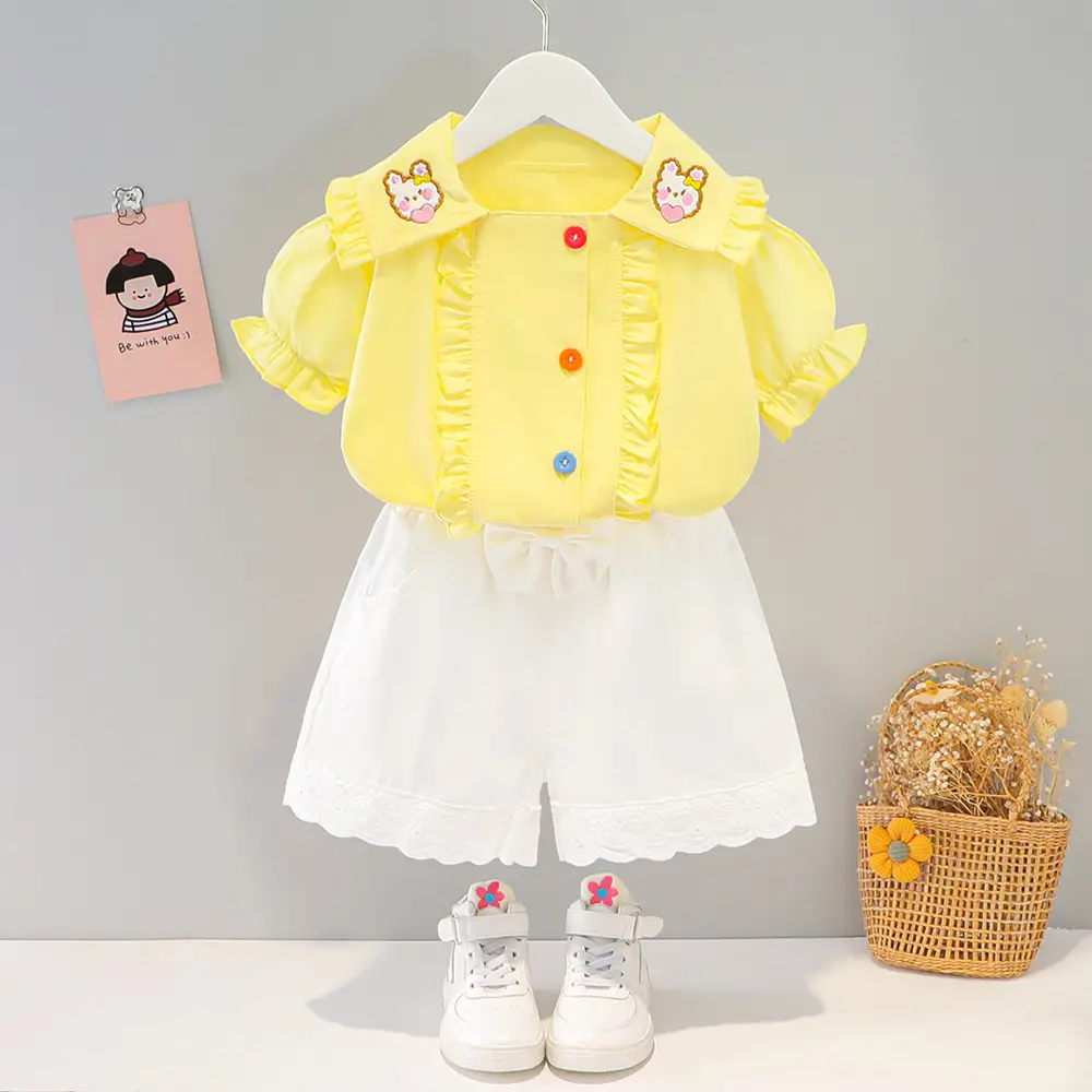 Girls' Yellow Button Top White Skirt Set Korean Style - Image 6