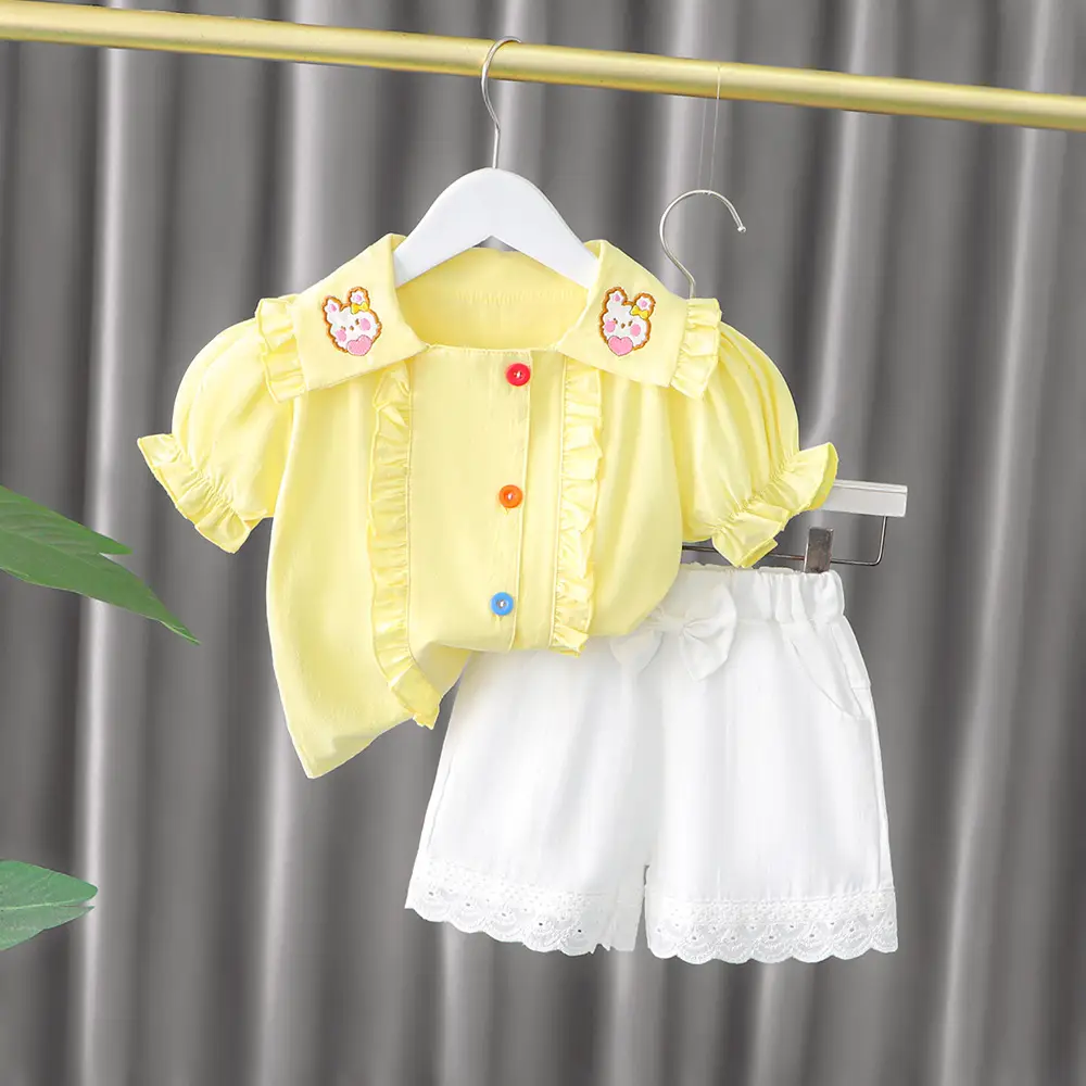 Girls' Yellow Button Top White Skirt Set Korean Style - Image 2