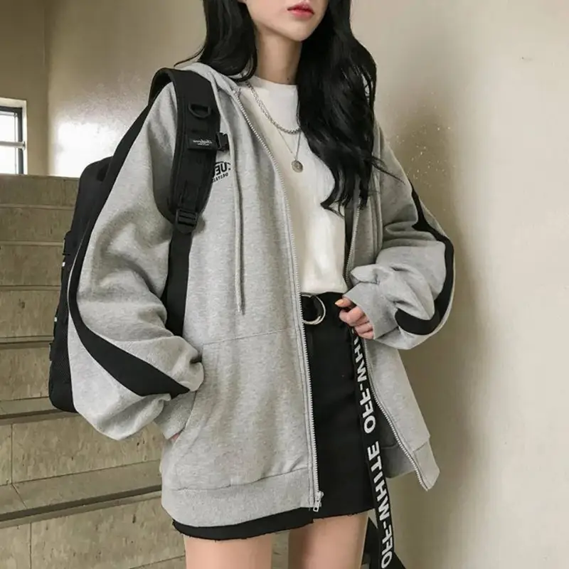Women's Grey Black Zipper Hoodie Jacket Thin Loose Spring Autumn - Image 5