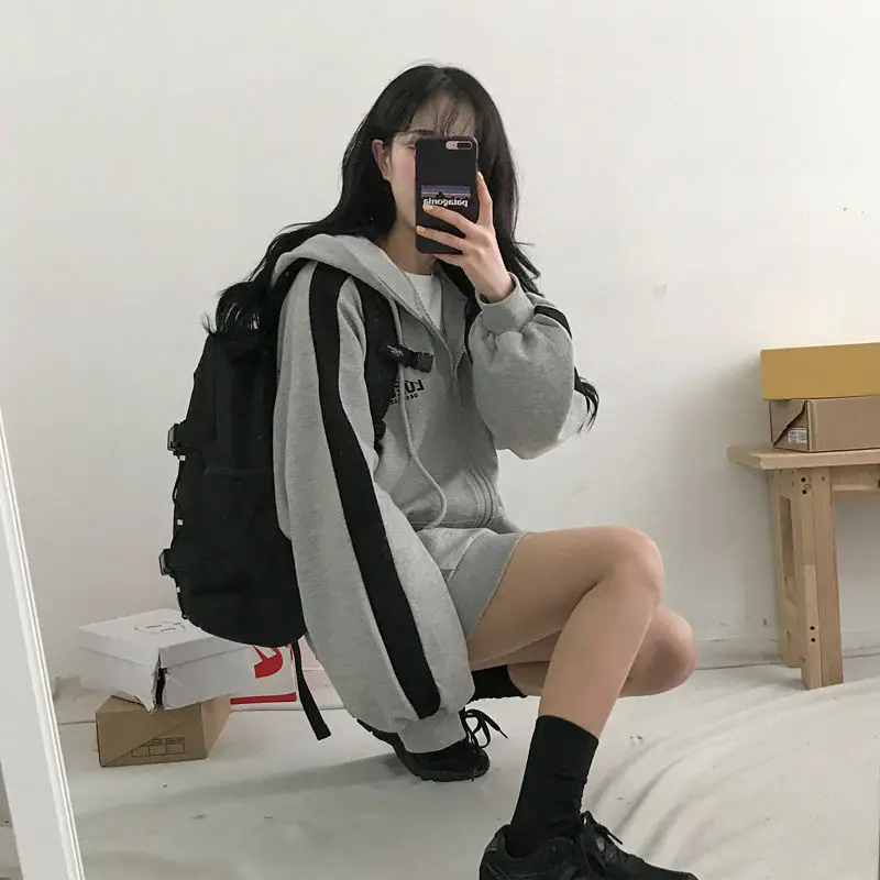 Women's Grey Black Zipper Hoodie Jacket Thin Loose Spring Autumn - Image 6