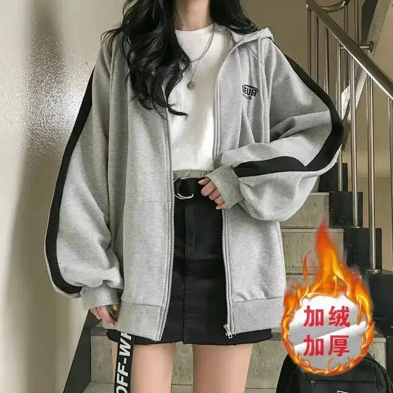 Women's Grey Black Zipper Hoodie Jacket Thin Loose Spring Autumn - Image 2
