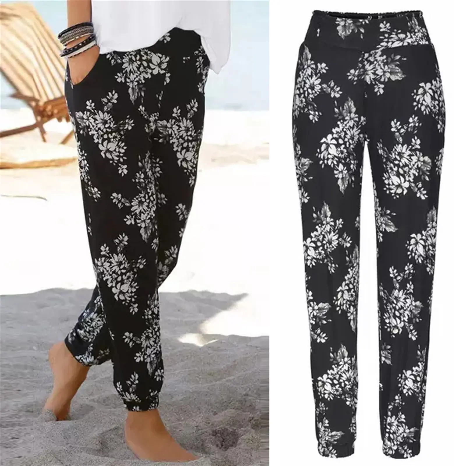 Women's Black Floral High Waist Printed Pants — feature 11