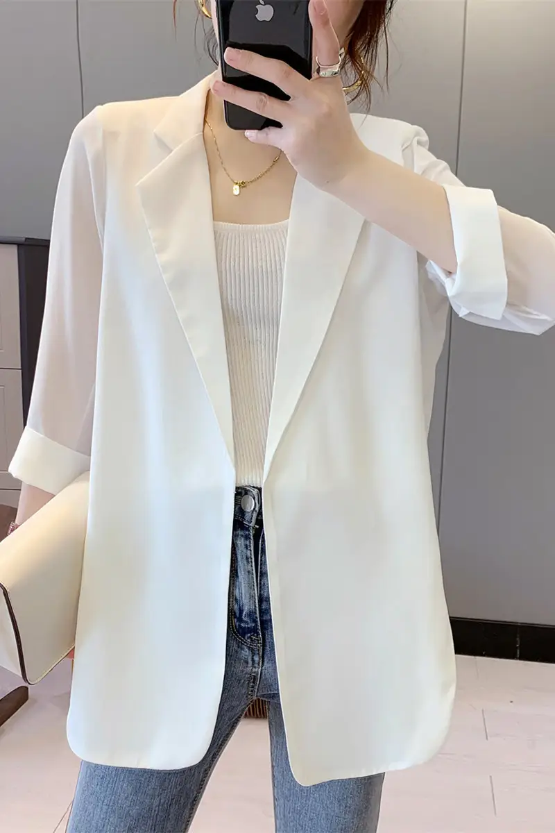 Women's Chiffon Small Suit Spring Summer White Top Draped Elegant Niche Jacket — feature 1