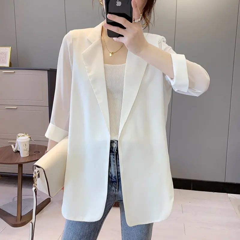 Women's Chiffon Small Suit Spring Summer White Top Draped Elegant Niche Jacket — feature 2