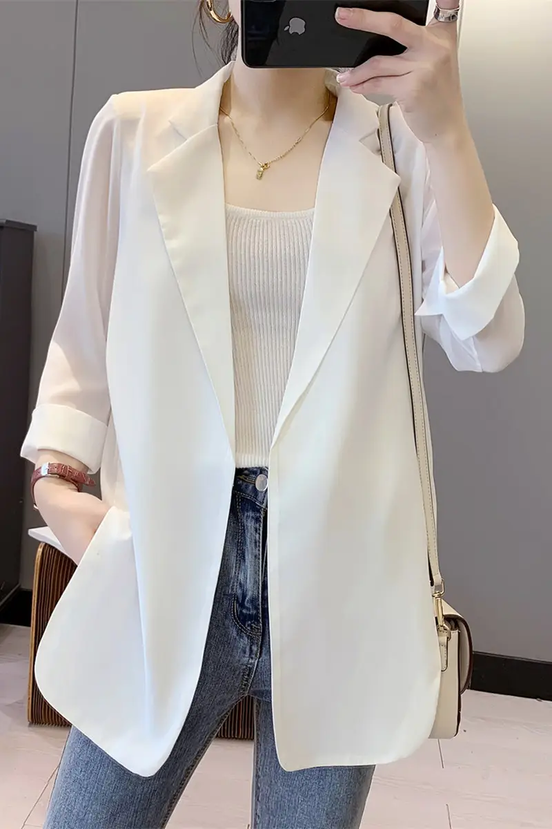 Women's Chiffon Small Suit Spring Summer White Top Draped Elegant Niche Jacket — feature 3