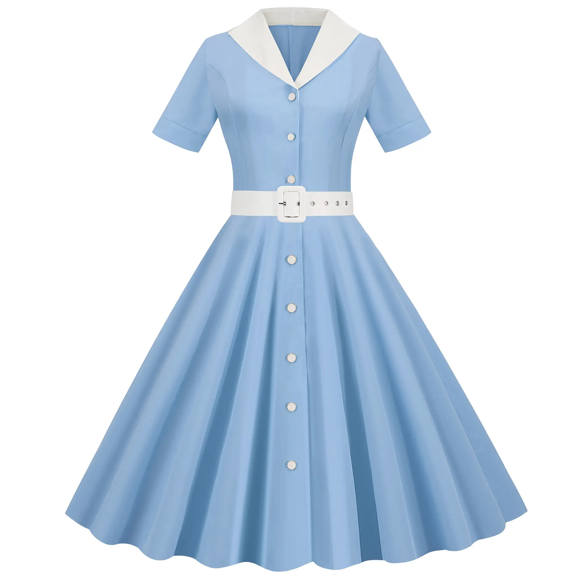 Light Blue 50s V-Neck Casual Dress Large — feature 2