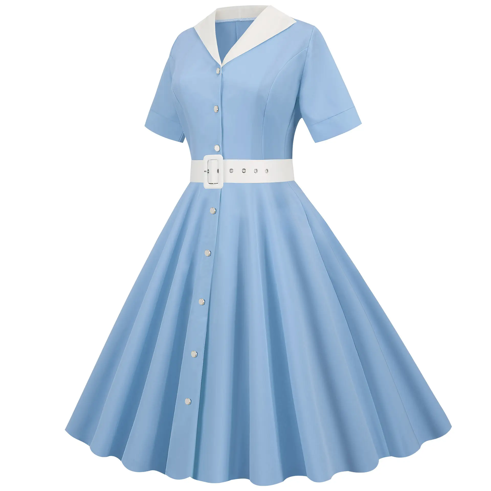 Light Blue 50s V-Neck Casual Dress Large — feature 3