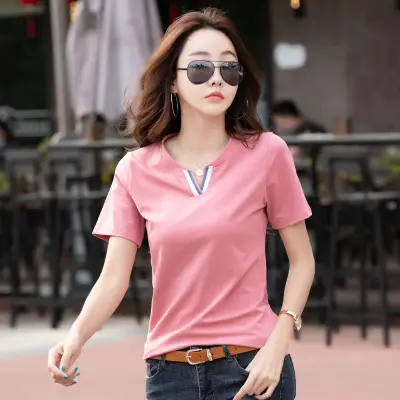 Women Pink V Neck Slim T-Shirt 2024 Summer - Image 3