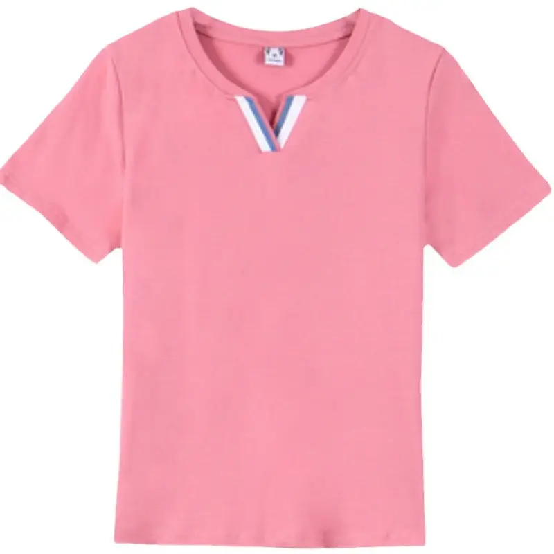 Women Pink V Neck Slim T-Shirt 2024 Summer - Image 5