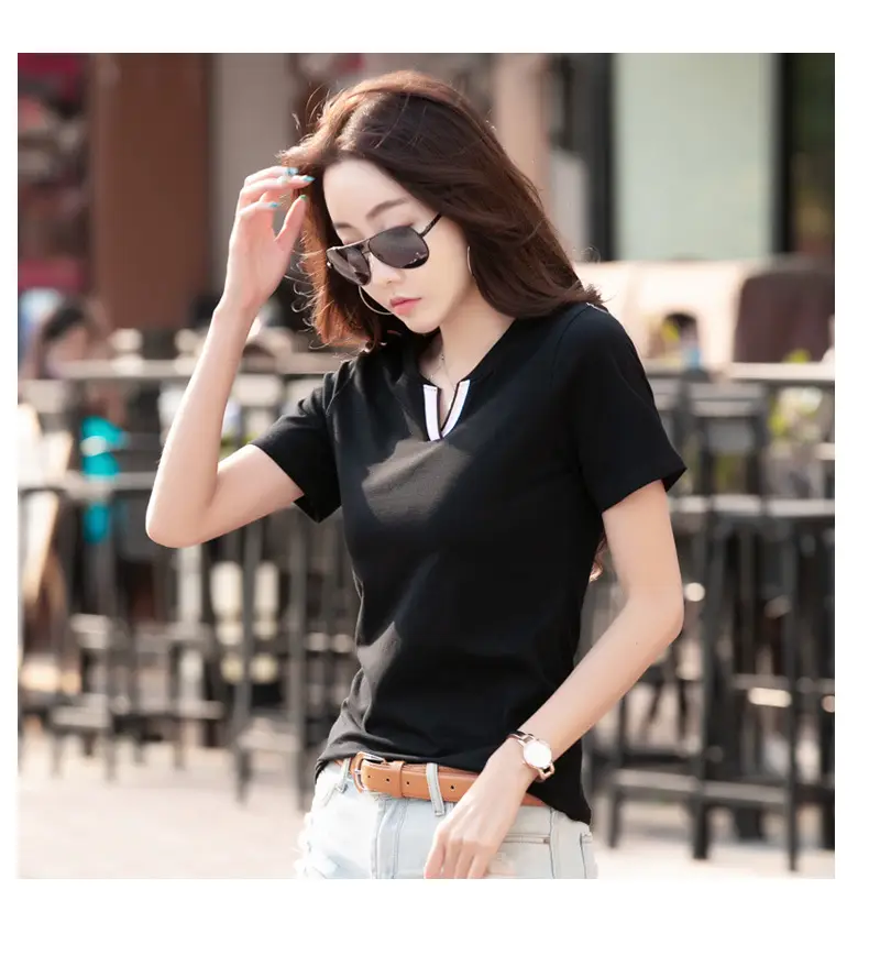 Women Pink V Neck Slim T-Shirt 2024 Summer — feature 10