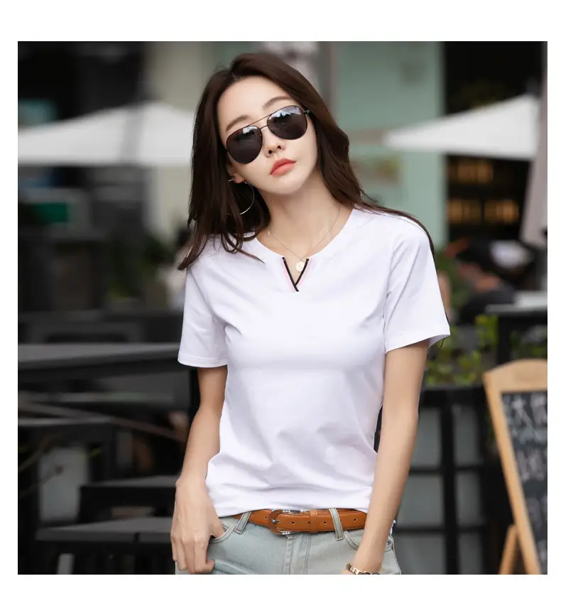 Women Pink V Neck Slim T-Shirt 2024 Summer — feature 13