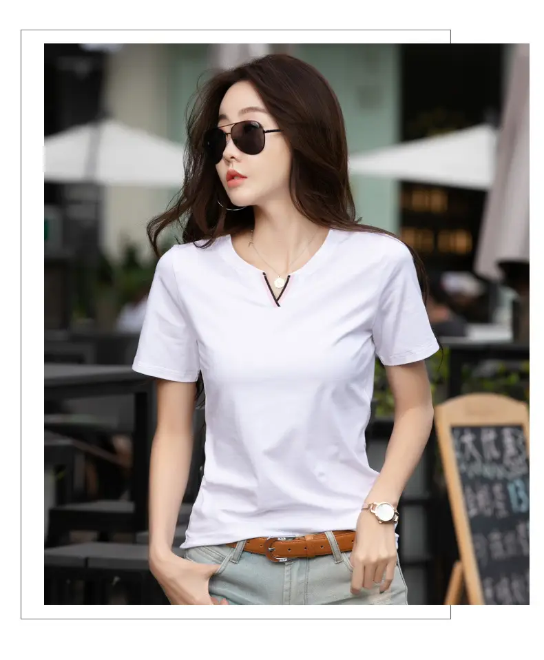 Women Pink V Neck Slim T-Shirt 2024 Summer — feature 15