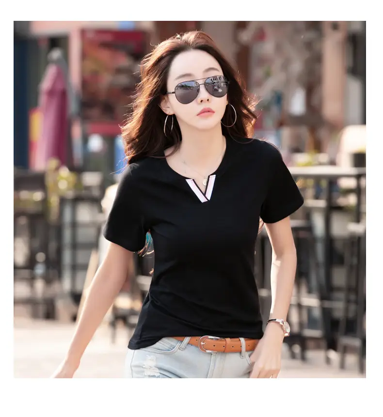 Women Pink V Neck Slim T-Shirt 2024 Summer — feature 16