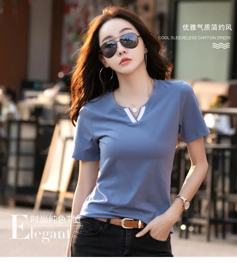 Women Pink V Neck Slim T-Shirt 2024 Summer — feature 17