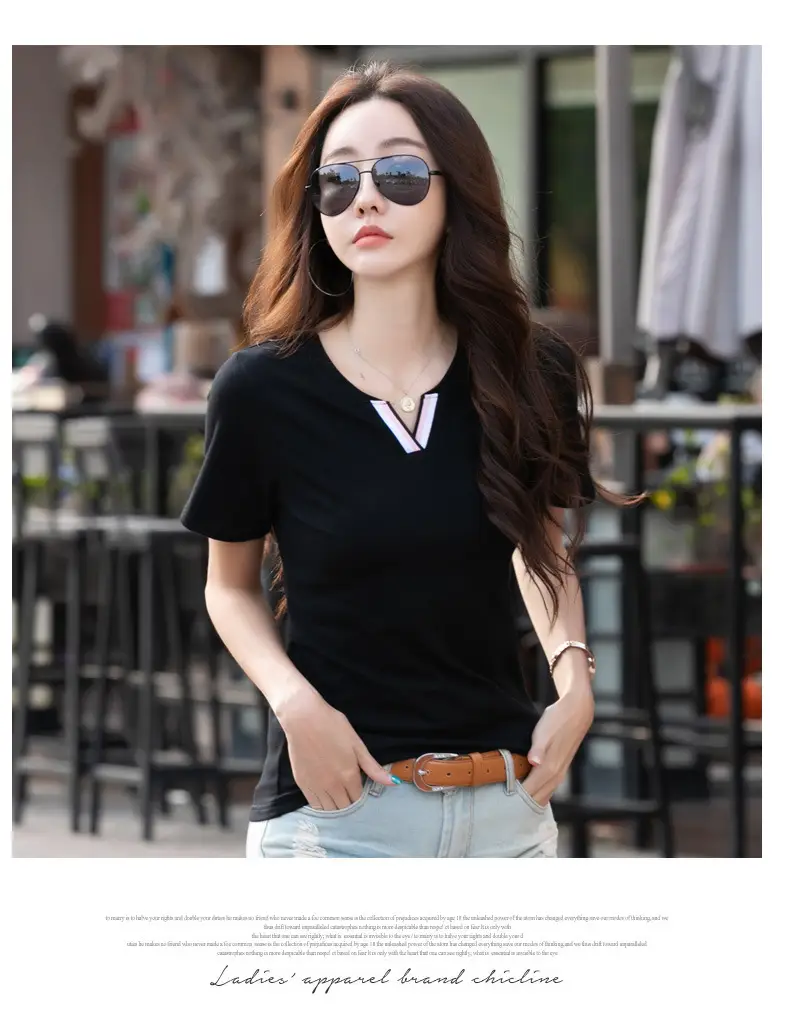 Women Pink V Neck Slim T-Shirt 2024 Summer — feature 7