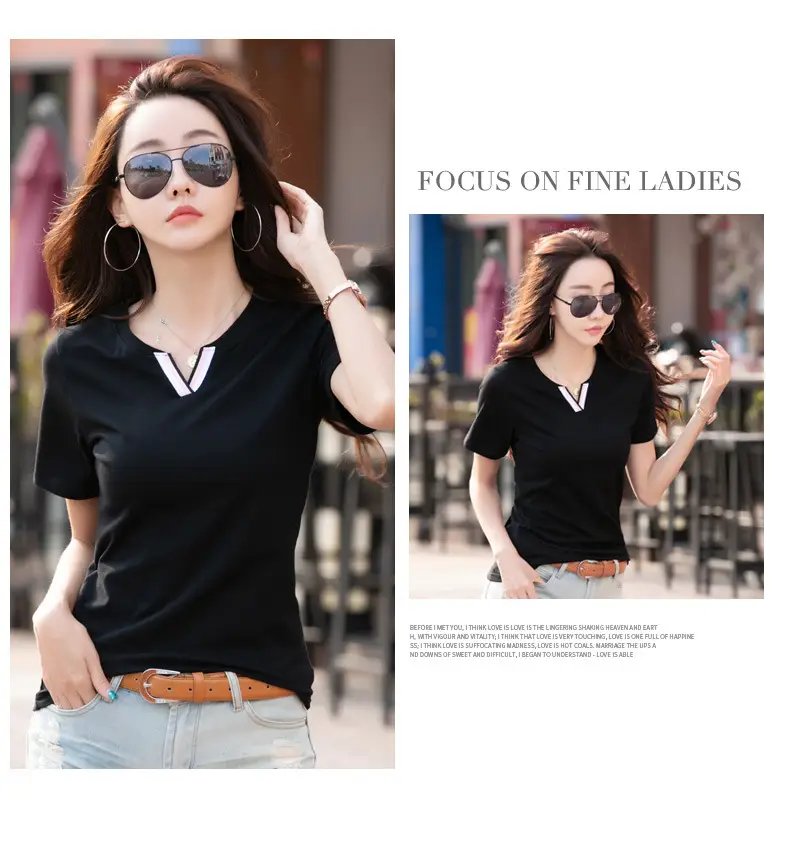 Women Pink V Neck Slim T-Shirt 2024 Summer — feature 8