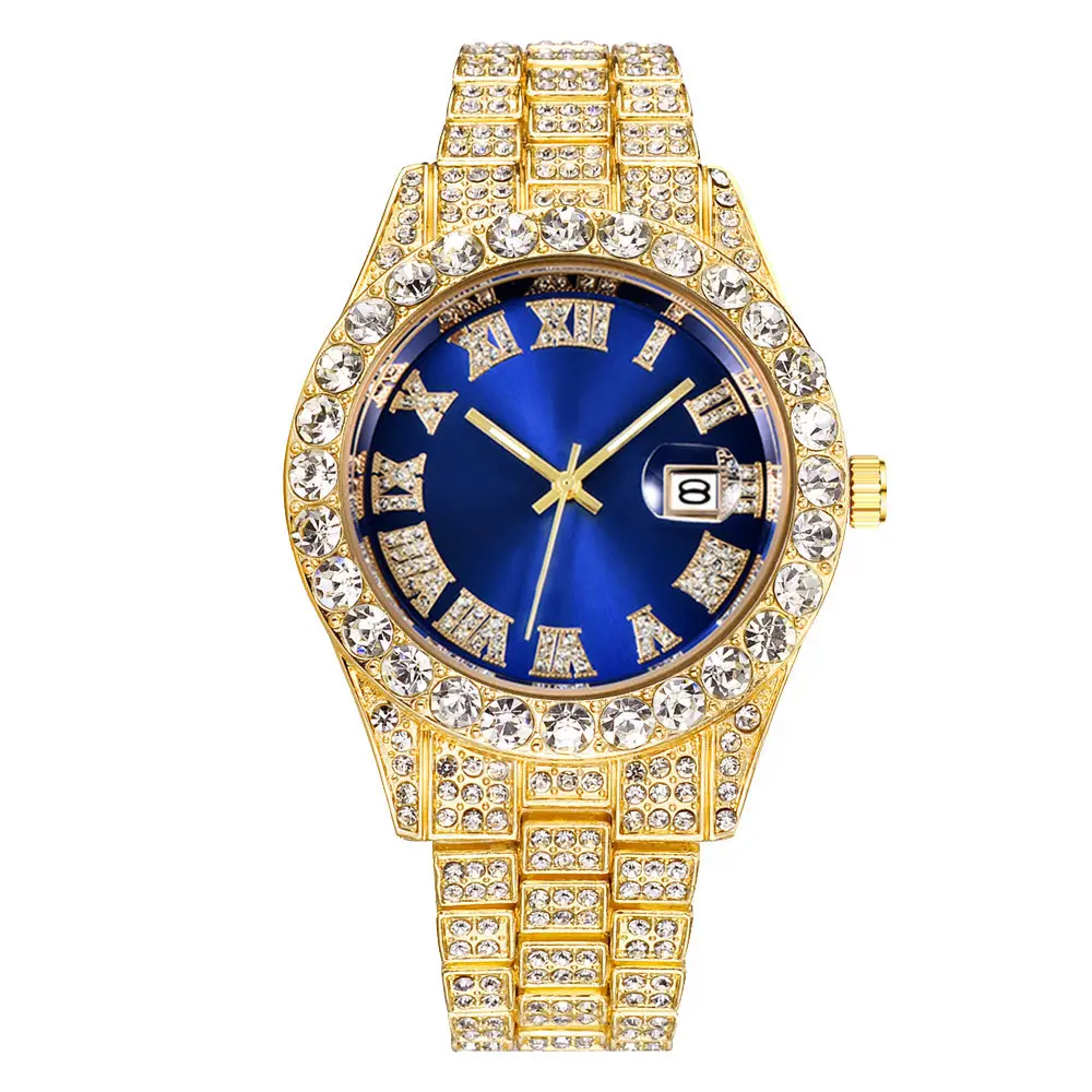 Gold Diamond Men's Watch with Roman Scale & Calendar