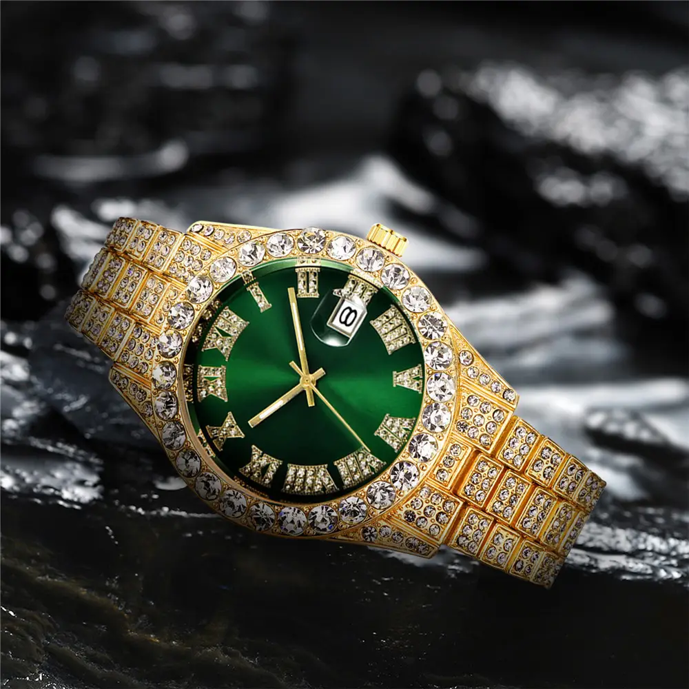 Gold Diamond Men's Watch with Roman Scale & Calendar