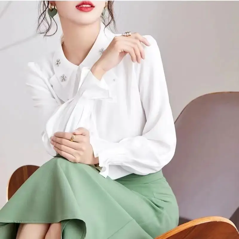 Pink Chiffon Bow Shirt for Women Long Sleeve Slim Fit