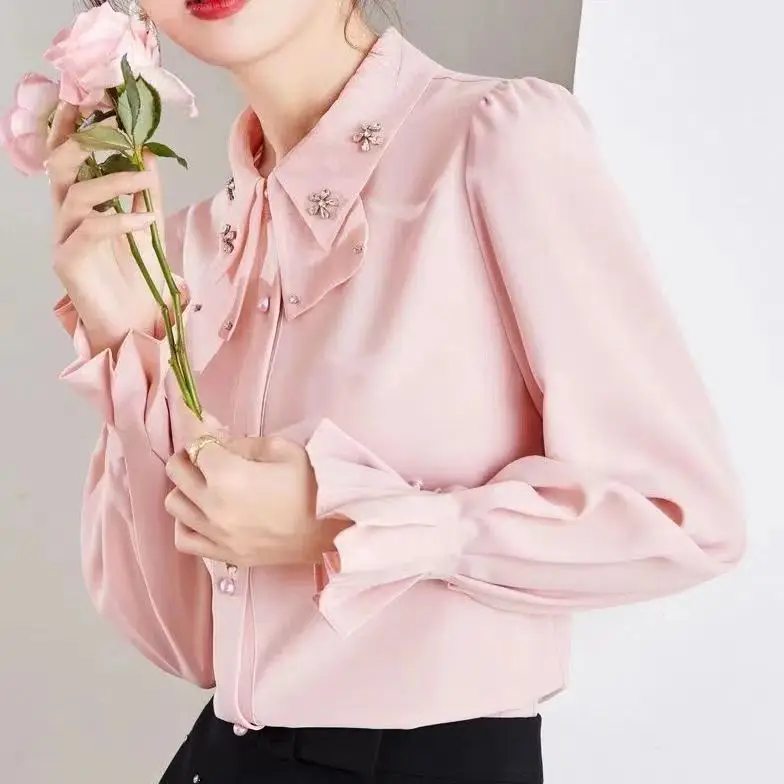 Pink Chiffon Bow Shirt for Women Long Sleeve Slim Fit