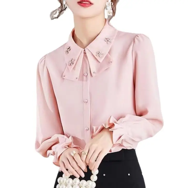 Pink Chiffon Bow Shirt for Women Long Sleeve Slim Fit