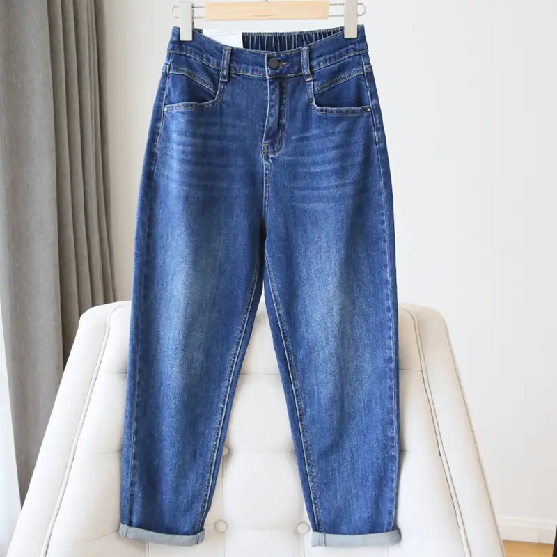 Plus Size Women Jeans 2025 New High-Waisted Loose Straight Slimming Elastic Waist Cropped Harem Pants - Image 3