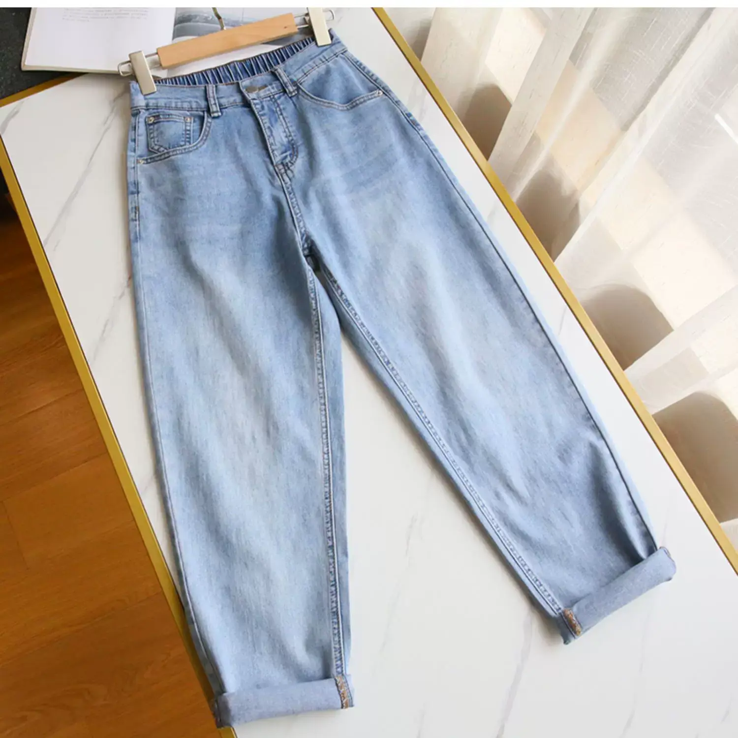 Plus Size Women Jeans 2025 New High-Waisted Loose Straight Slimming Elastic Waist Cropped Harem Pants — feature 16