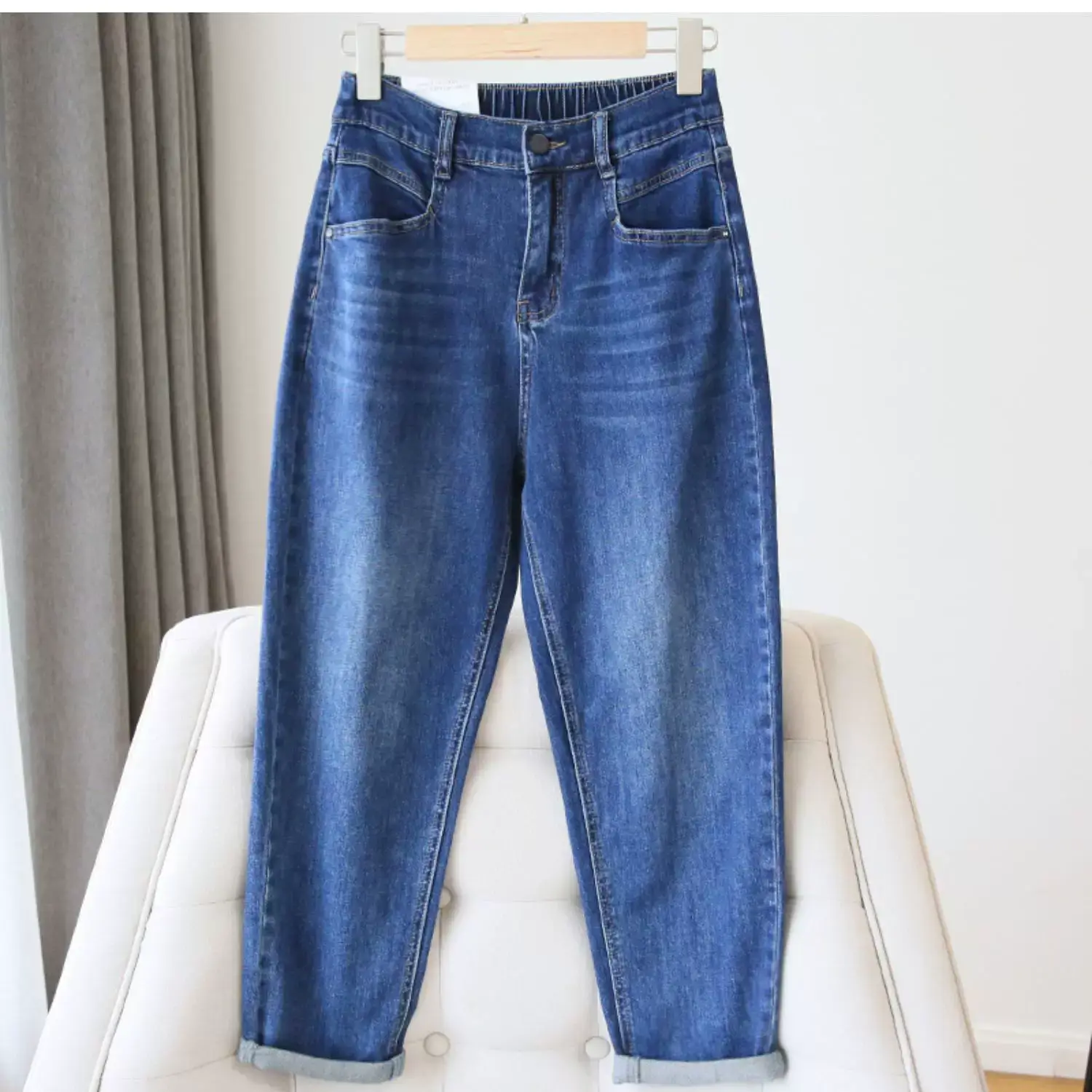 Plus Size Women Jeans 2025 New High-Waisted Loose Straight Slimming Elastic Waist Cropped Harem Pants — feature 19