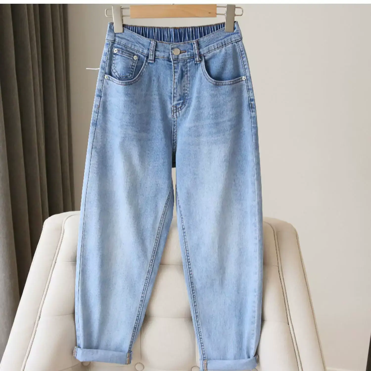 Plus Size Women Jeans 2025 New High-Waisted Loose Straight Slimming Elastic Waist Cropped Harem Pants — feature 7