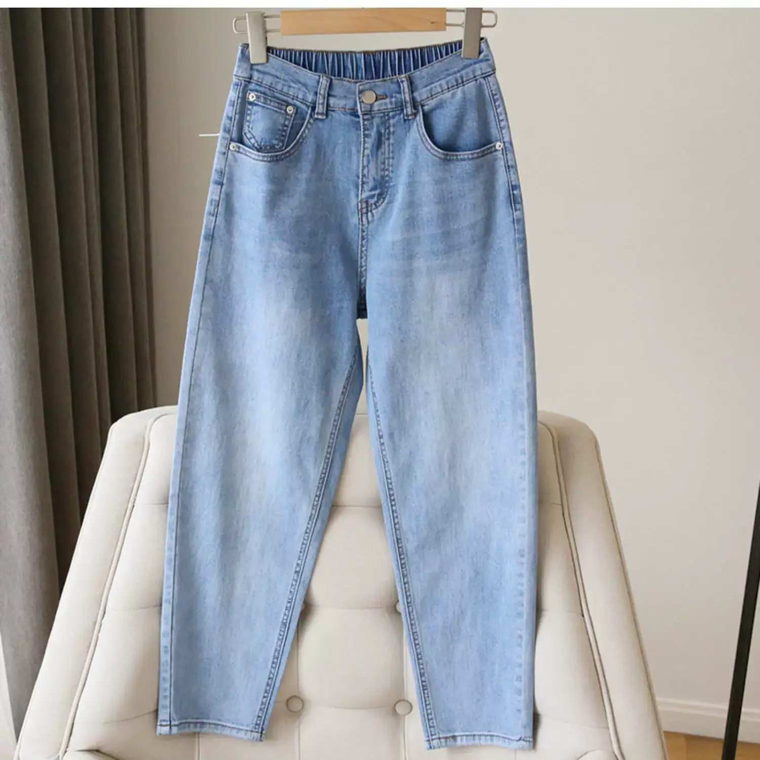 Plus Size Women Jeans 2025 New High-Waisted Loose Straight Slimming Elastic Waist Cropped Harem Pants — feature 8