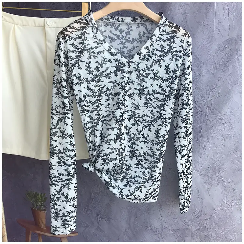 Women Stretch Lace High Neck Mesh Shirt White 2024 — feature 3