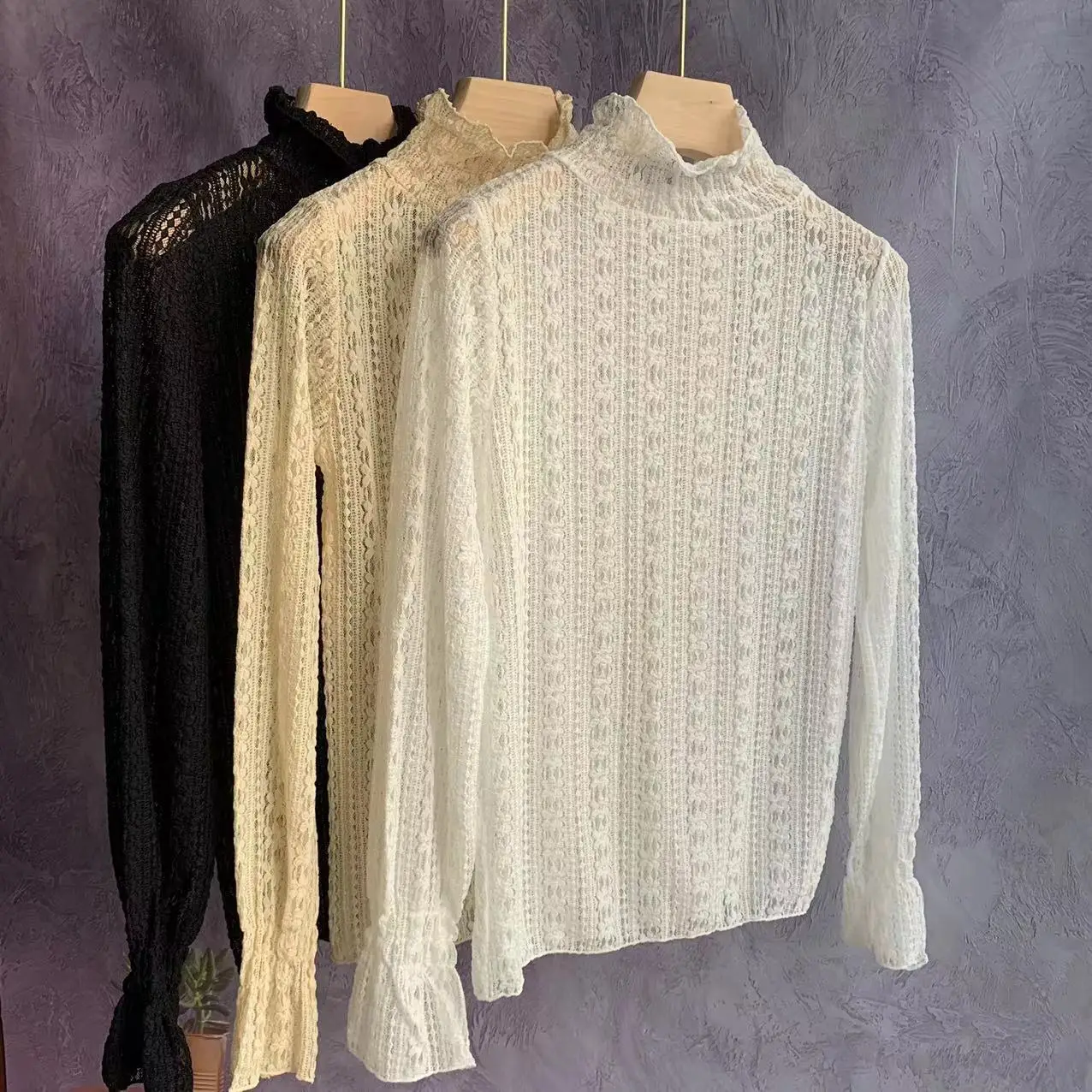 Women Stretch Lace High Neck Mesh Shirt White 2024 — feature 31