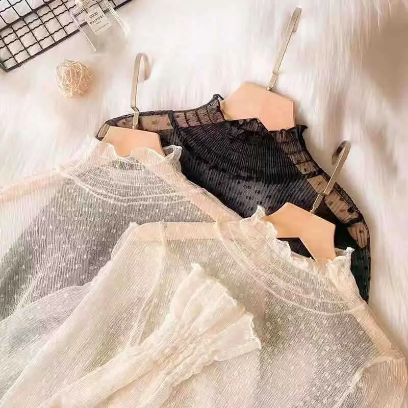 Women Stretch Lace High Neck Mesh Shirt White 2024 — feature 5