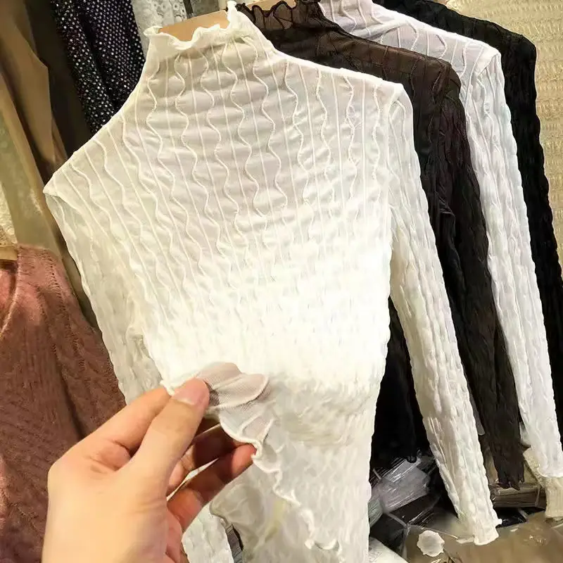Women Stretch Lace High Neck Mesh Shirt White 2024 - Image 3