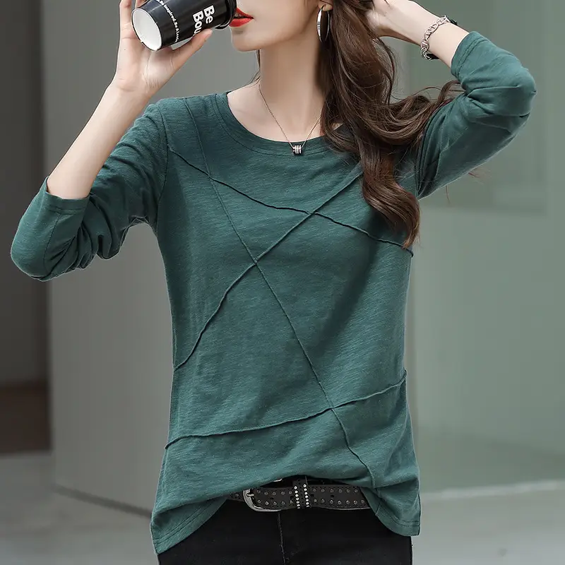 Women Pure Cotton Long Sleeve T-Shirt Green Large