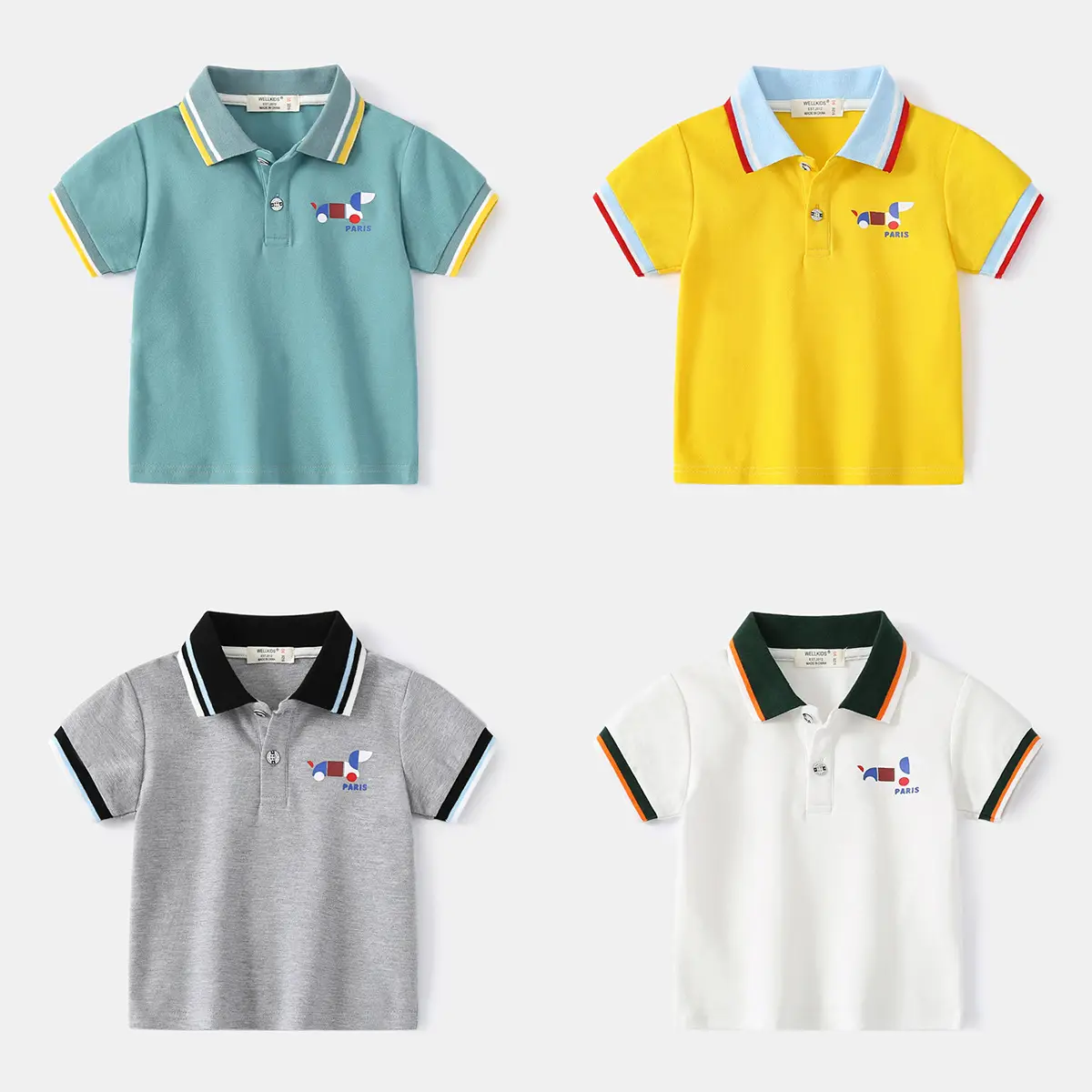 Boys Short Sleeve Polo Shirt Teal Yellow Cartoon Print 2023