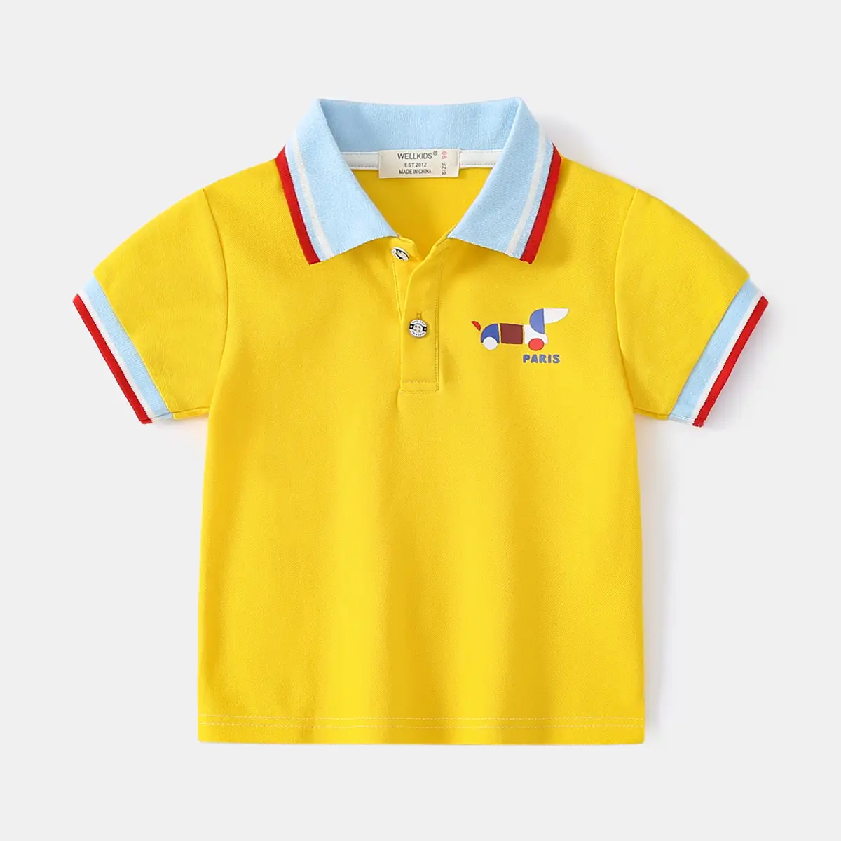 Boys Short Sleeve Polo Shirt Teal Yellow Cartoon Print 2023
