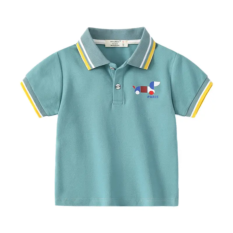 Boys Short Sleeve Polo Shirt Teal Yellow Cartoon Print 2023