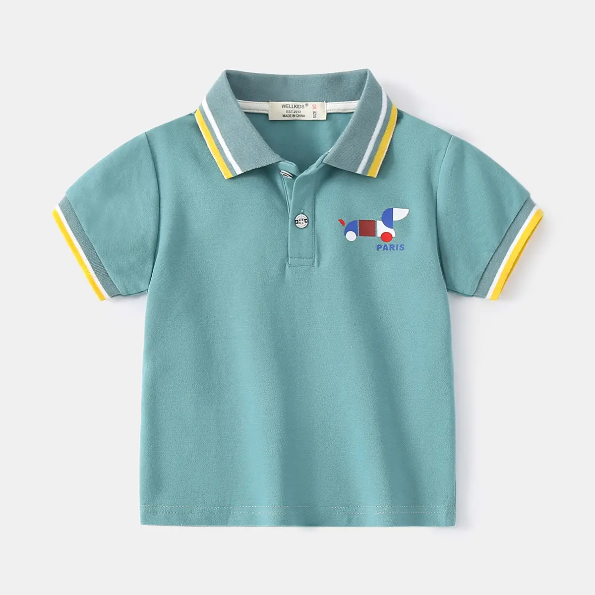 Boys Short Sleeve Polo Shirt Teal Yellow Cartoon Print 2023