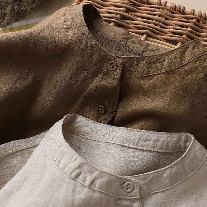 Women Linen Lantern Sleeve Shirt Beige Loose Fit - Image 4