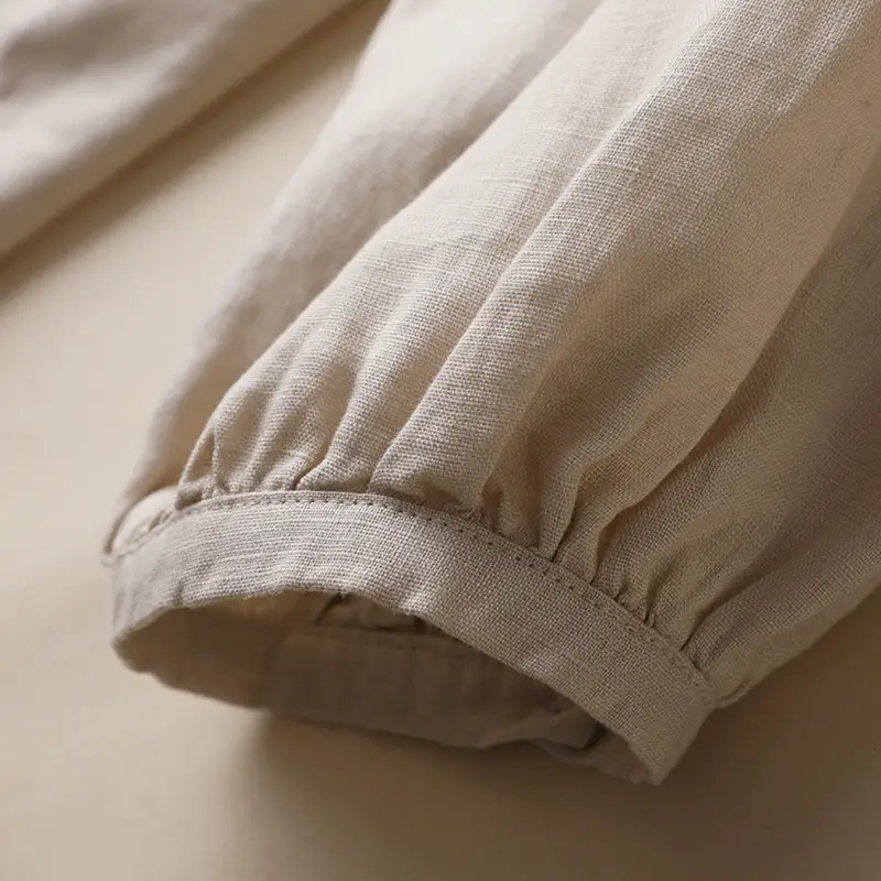 Women Linen Lantern Sleeve Shirt Beige Loose Fit - Image 5