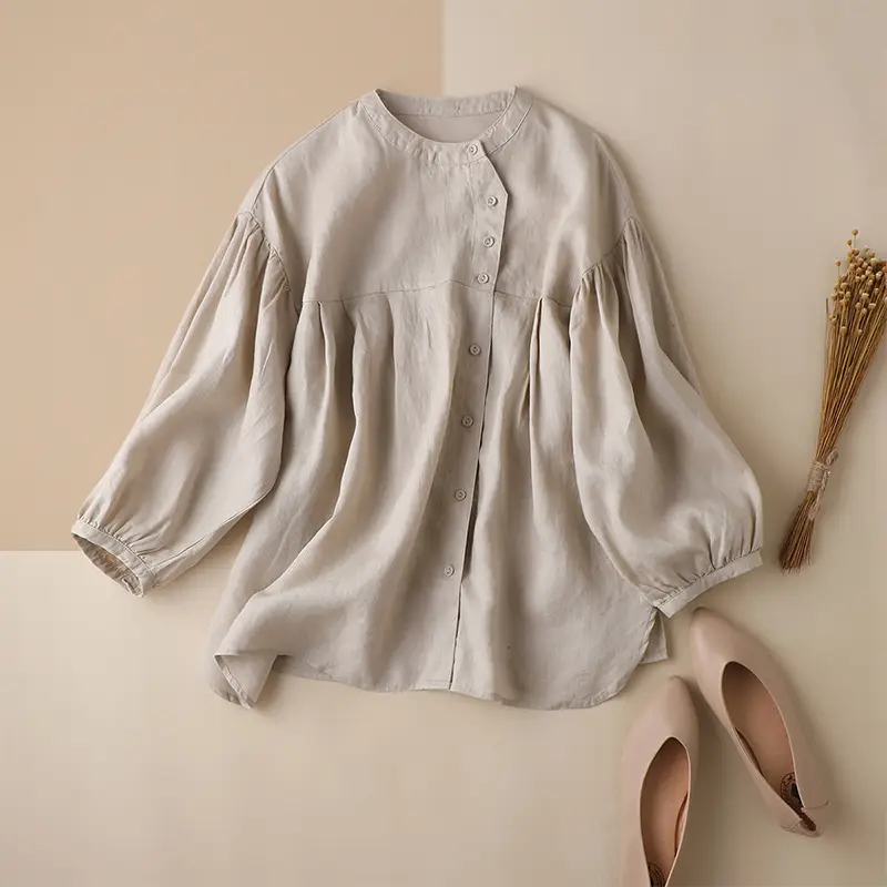 Women Linen Lantern Sleeve Shirt Beige Loose Fit - Image 6