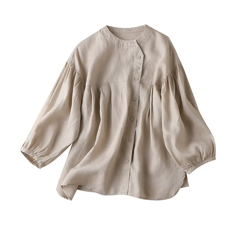 Women Linen Lantern Sleeve Shirt Beige Loose Fit - Image 7